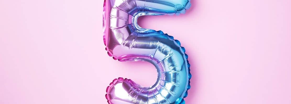 Creative layout. Rainbow foil balloon number and digit five 5.