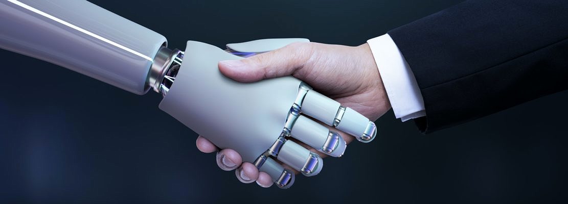 Business hand robot handshake, artificial intelligence digital transformation