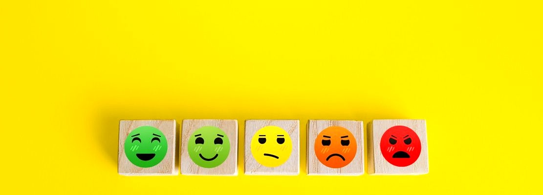 Mood faces from happy to angry on wooden blocks. Concept of rating, review. Visitor satisfaction