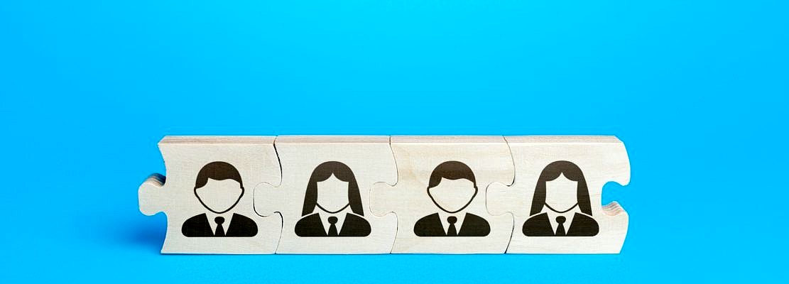 Connected puzzles with people. Effective business employees group collectives.