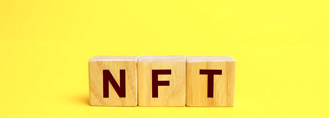 Wooden blocks NFT - non-fungible token. Digitally represented product or asset.