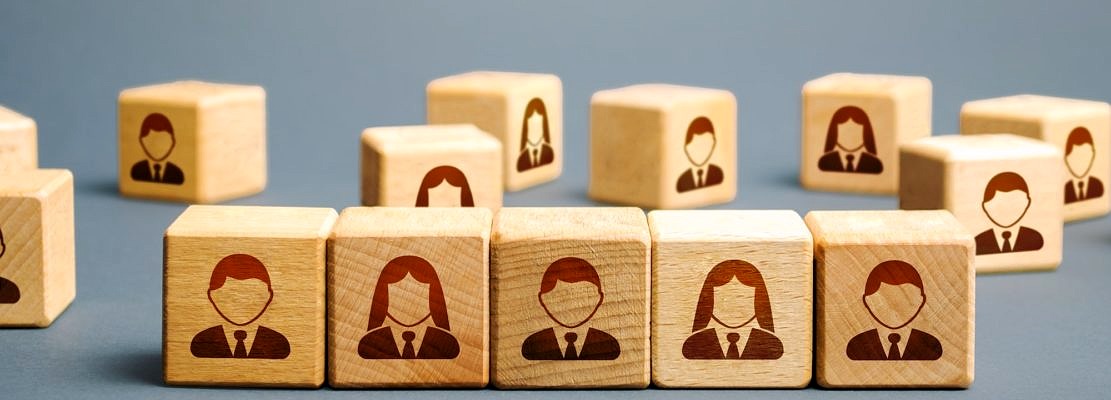 Line of blocks with employees. Building a business team from many candidates. Personnel management,