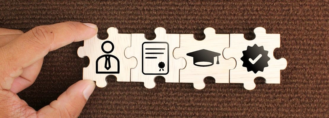 puzzle with qualifications, certificates and graduate icons.