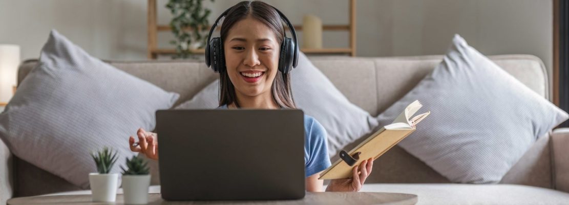 Asian girl student online learning class study online video call teacher, Happy asian girl learn