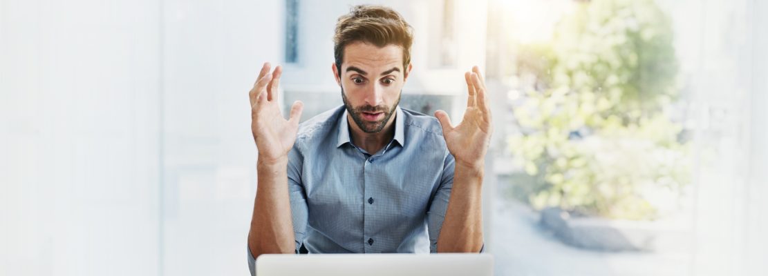 Stress, shock and business man on laptop upset for crisis, network error and 404 mistake. Banner, c