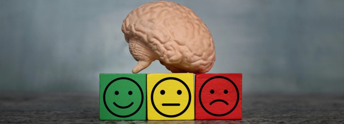 Brain and wooden cubes with happy, neutral and sad face