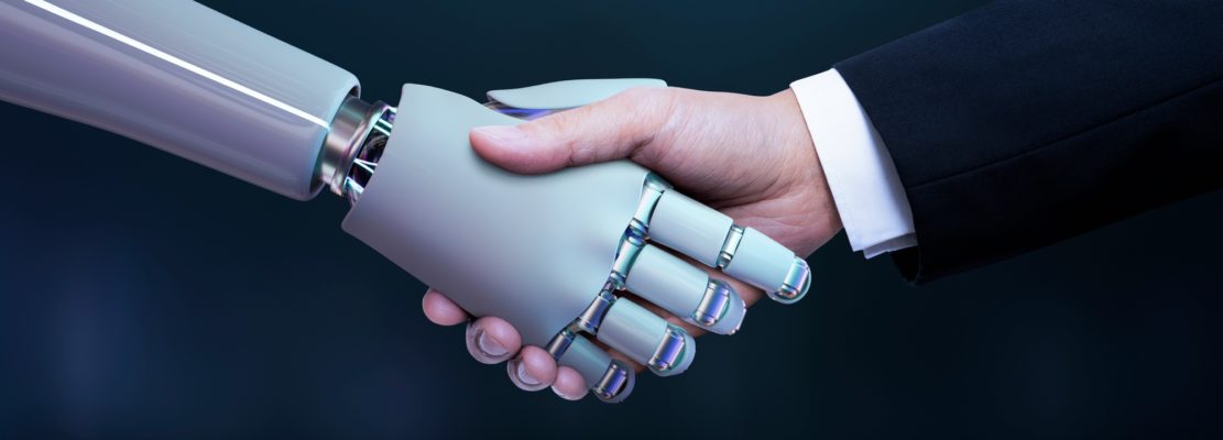 Business hand robot handshake, artificial intelligence digital transformation