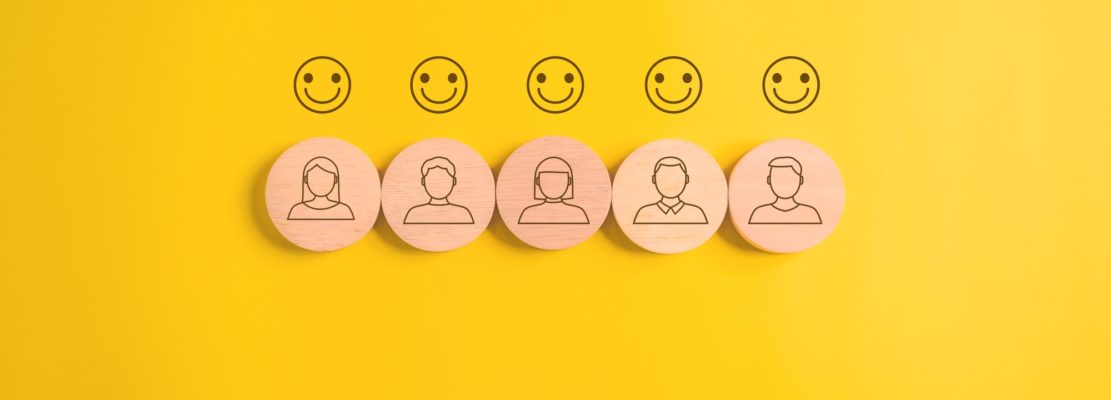 Happy smile face emotion and correct icons on background, Customer service evaluation