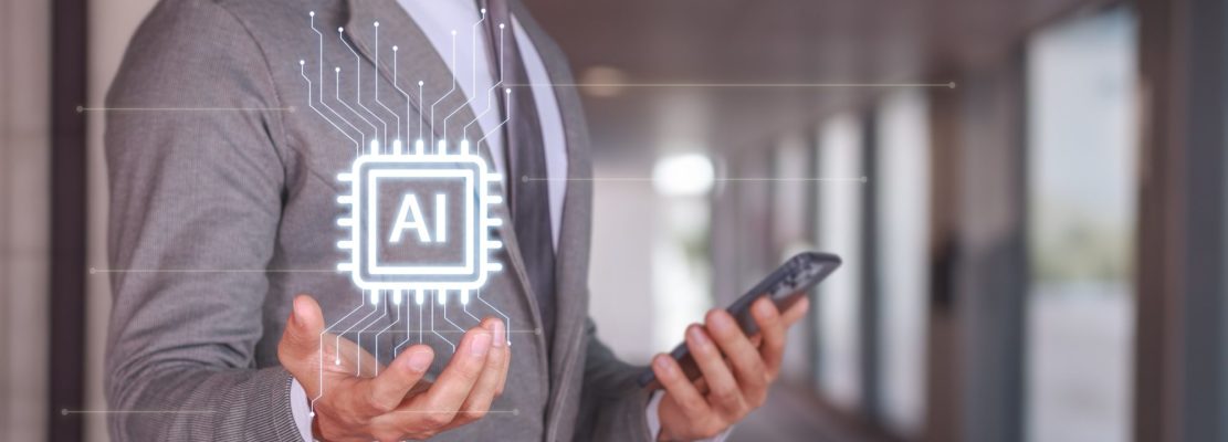 Businessman Holding Smartphone with AI Technology Concept in Modern Office
