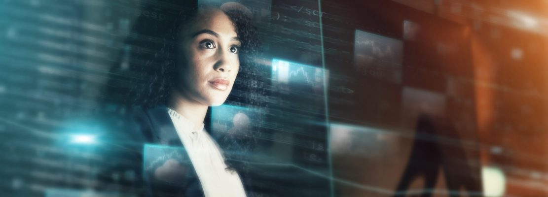 Futuristic, AI and business woman, iot and connectivity, cyber data overlay and technology innovati