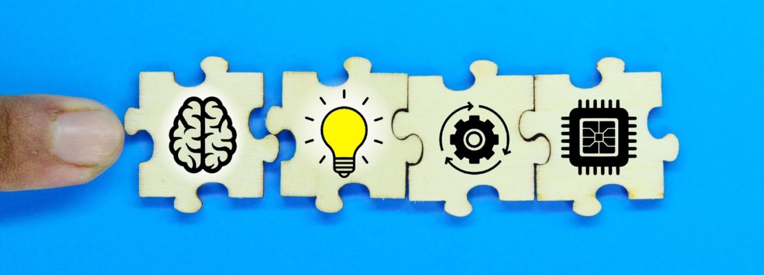 wooden puzzle with brain icons and their functions. The concept of innovation